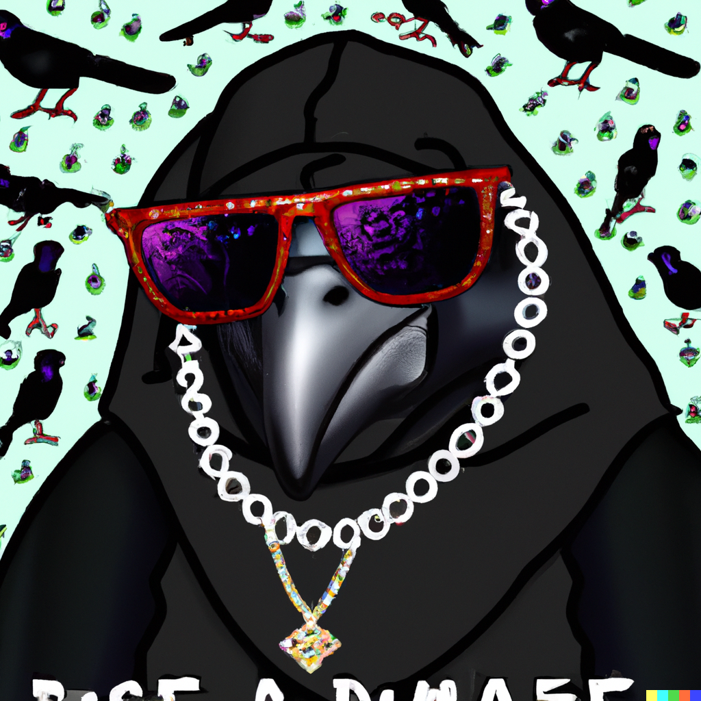 AI generated rap album cover featuring a raven with sunglasses and bling
